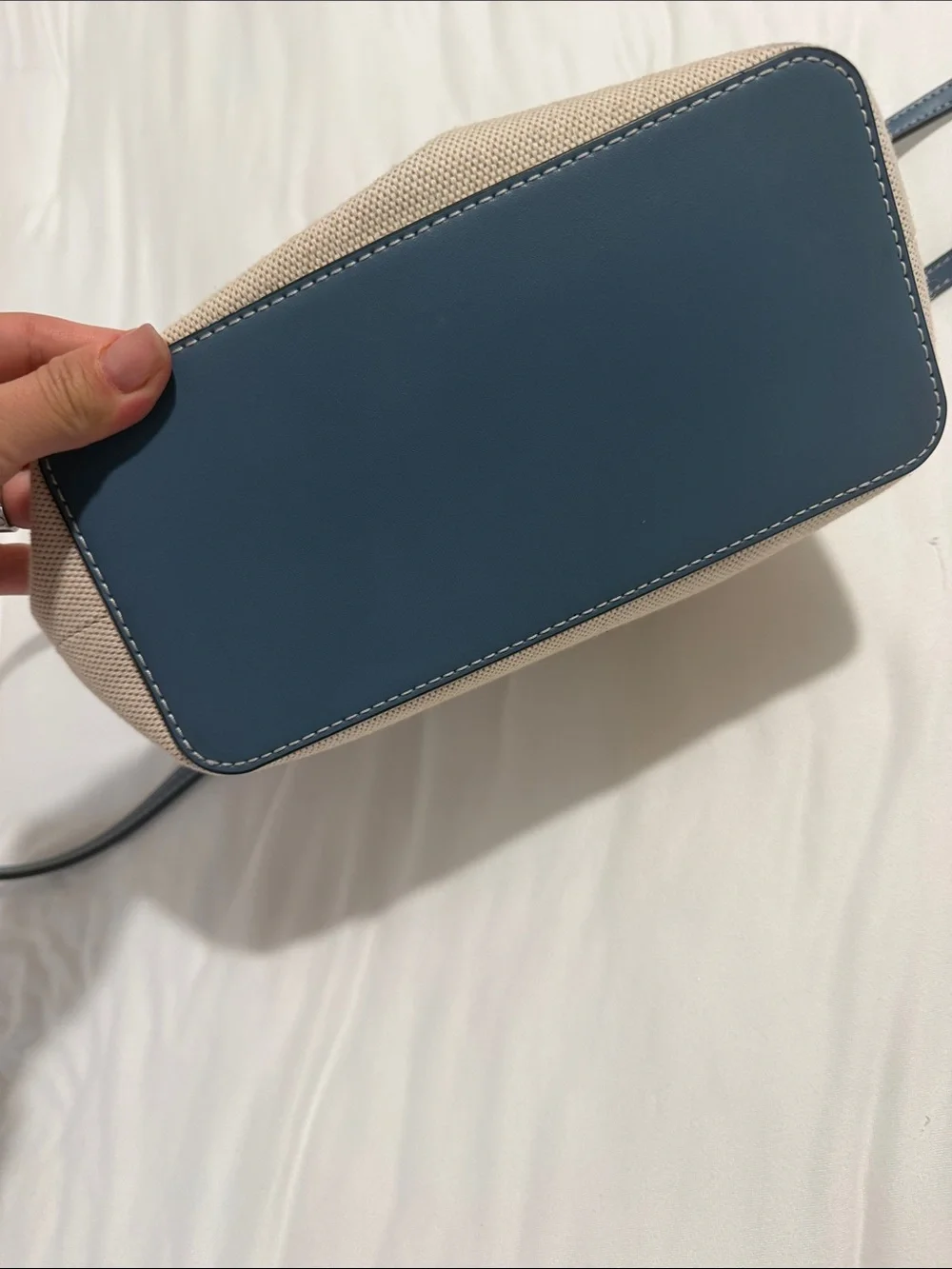 Michael Kors Beige Canvas Tote with Blue Trim and Logo